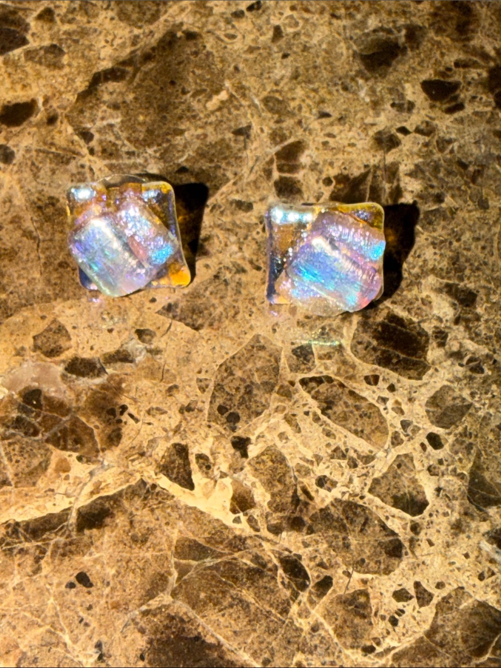 Iridescent glass Square Stud Earrings pierced artisan glass